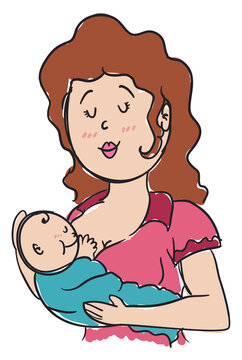 Cute doodle of mommy breastfeeding her baby, Vector illustration
