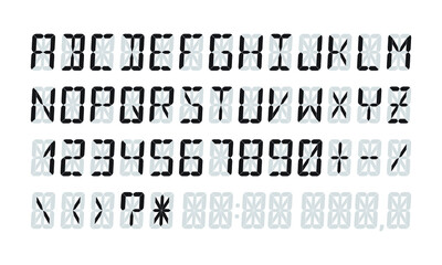 Digital fourteen-segment display (FSD) font. Price tag or numbers vector template for shop or supermarket. Vector set of electronic numbers for LCD calculator digits.