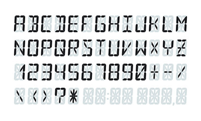 Obraz premium Digital fourteen-segment display (FSD) font. Price tag or numbers vector template for shop or supermarket. Vector set of electronic numbers for LCD calculator digits.