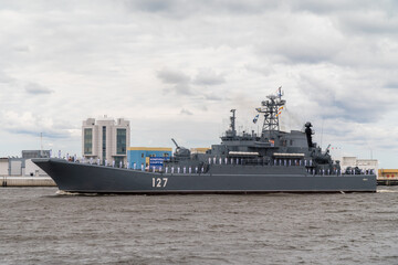 The large landing ship Minsk of project 775 passes near Kronstadt during the naval parade on July...