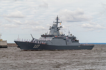 The newest Military corvette of the Rattling project 20385 passes near Kronstadt during the naval parade on July 25, 2021.