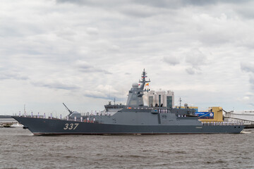 The newest Military corvette of the Rattling project 20385 passes near Kronstadt during the naval parade on July 25, 2021.