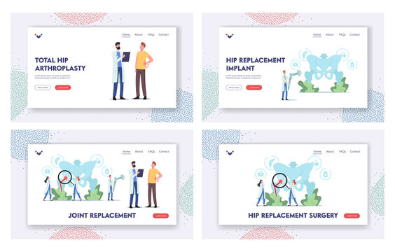Arthroplasty, Osteoarthritis, Hip Joint Replacement Landing Page Template Set. Tiny Character at Huge Human Pelvic Bones
