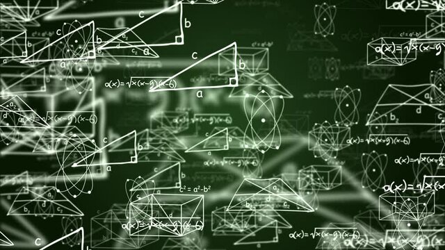 4K loop Animation of white mathematical formulae and geometric drawings on blackboard. education science research knowledge. science, technology, engineering, mathematics education.