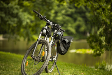 bike trip, bike in the forest with lake