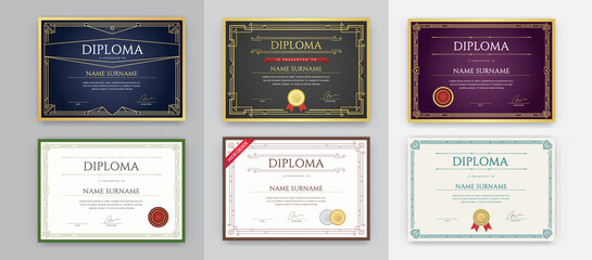 Big Set of 9 Diploma or Certificate Design Template. Ready for Print. Vector. - obrazy, fototapety, plakaty