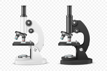 Vector 3d Realistic White, Black Laboratory, School Microscope Set Isolated. Chemistry, Microbiology Tool. Science, Lab, Research, Education Concept. Design Template, Mockup. Front View