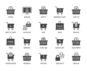 Set of Shopping Cart and Basket Icons. Online Food Store. Vector Icons. Perfect Pixel.