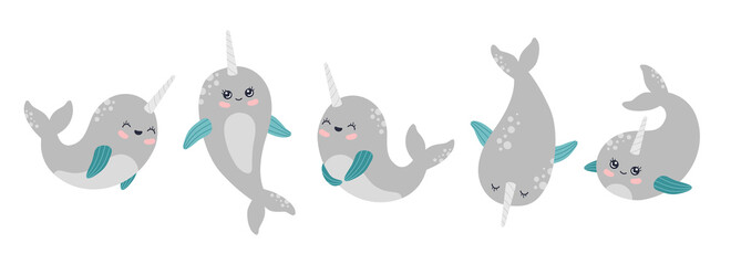 Cute narwhals stickers collection, sea unicorn animal characters, baby whale set. Funny ocean  creatures with horn in grey pastel colors clip art, modern trendy vector illustration, flat cartoon style © Alice