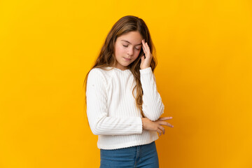 Child over isolated yellow background with headache