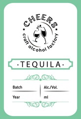 tequila label design with ethnic elements in thin line style. Alcohol industry emblem, distilling business. Monochrome, black on white. Place for text