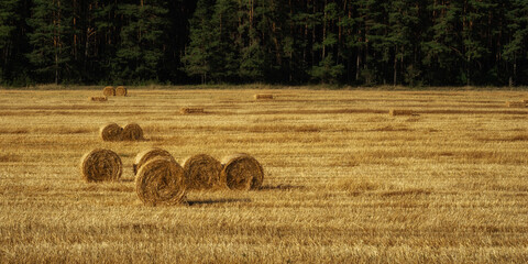 round bales of golden straw on a field with stubble after harvesting wheat in front of a green coniferous forest. summer agricultural landscape