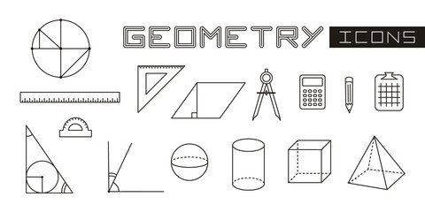 A set of linear isolated elements for geometry. Geometric shapes and objects. Vector illustration for school textbooks, educational projects, maths banners and posters.
