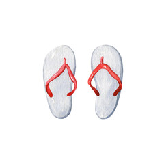 White flip flops isolated on white background, top view. Flat lay watercolor illustration.