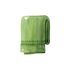 Green folded towel watercolor clipart isolated on white background. Hand drawn illustration.