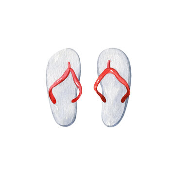 White flip flops isolated on white background, top view. Flat lay watercolor illustration.