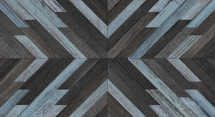 Old black and blue wooden panel with geometric pattern for wall decor. Weathered wood texture.  - 447359993