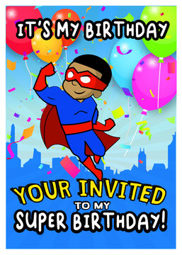 Kids Birthday SuperHero Invitation Birthday Balloon Confetti Celebration