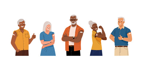 Group of vaccinated senior people. Vector illustration of diverse cartoon smiling elderly men and women with a patch on the shoulder. Isolated on white