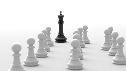 Leadership concept, black king of chess, standing out from the crowd of white pawns, on white background. 3D Rendering