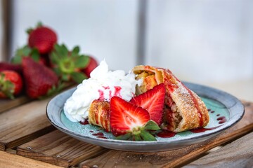 apple dessert with strawberries and whipped cream