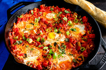 Turkish Menemen Served in a Cast Iron Skillet: Turkish egg and tomato breakfast bake served in a cast iron pan