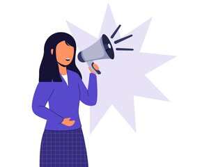 Professional speaker with megaphone Vector illustration flat design style Woman holding megaphone and say or shout speech isolated on white Business concept
