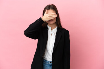 Young Business caucasian woman isolated on pink background covering eyes by hands. Do not want to see something