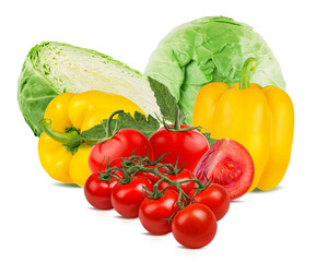 Tomatoes, cabbages and yellow peppers isolated on white background with clipping path