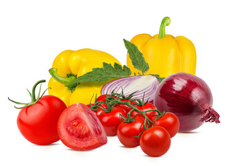 Vegetables tomatoes, red onions and yellow pepper isolated on white background with clipping path