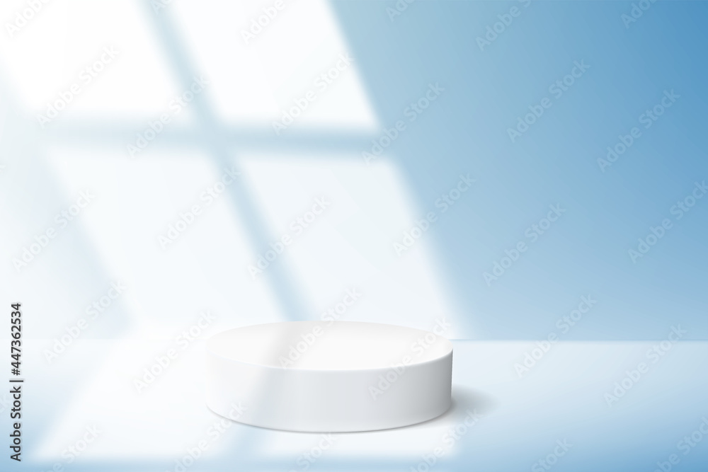 Wall mural minimalistic blue background with empty podium for product demonstration and light from the window.
