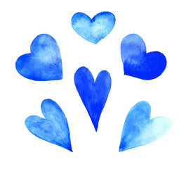 Set of blue hearts. Watercolor hand painting illustrations, isolated, white background