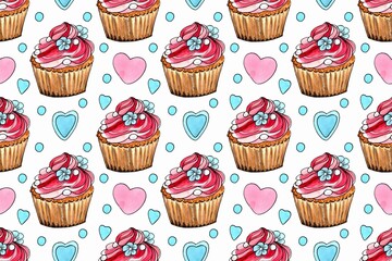 Capcake Seamless pattern. Watercolor hand painted illustration.