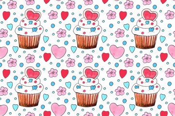 Seamless sweet pattern with capcakes. Watercolor hand painted illustration.