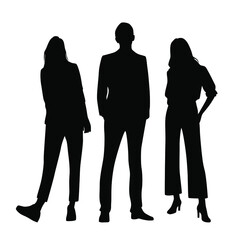 Vector silhouettes of  man and a women, a group of standing  business people, profile, black  color isolated on white background