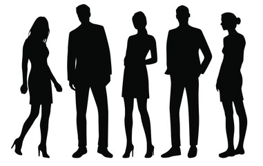 Vector silhouettes of  men and a women, a group of standing  business people, profile, black  color isolated on white background