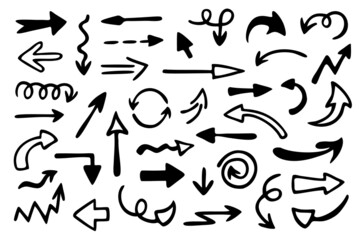 Large vector set of different arrows. Hand drawn, doodle elements isolated on white background.