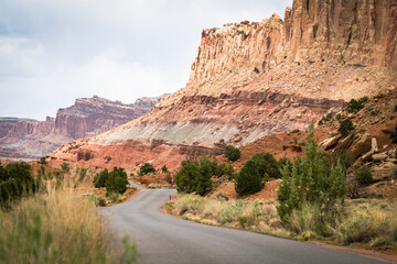 The scenic road through Captiol Reef National Park on a cloudy spring day