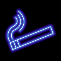 Blue neon cigarette with smoke on a black background. Icon illustration