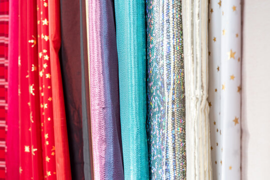 Collection of fabric, multicolored drapery backdrop, curtains