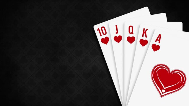 Animation opening Royal flush hearts playing cards on black background. Poker and Casino Playing Cards. Blank poster template with design card royal flush poker hand. Motion design.