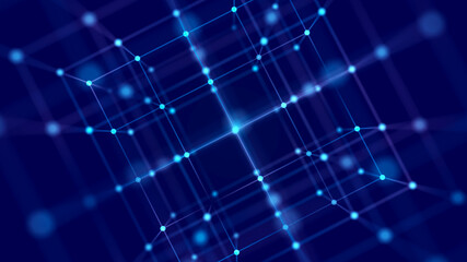 Digital blockchain concept. Data storage in separate cells. Abstract background with dots and connection lines. 3D rendering.