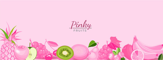 Summer pink banner with healthy fruit food cartoon icons. Creative modern beautiful panorama with colorful different fruits. Social network cover. Vector illustration.