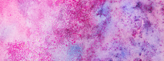 Obraz premium Purple watercolor stains with glitter sequins. Abstract background banner format