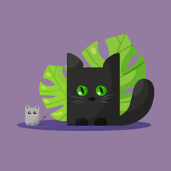 The black cat sits next to the mouse. Black cat at the bushes. The cat is watching the mouse. Vector illustration.