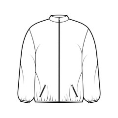 Puffer coat jacket technical fashion illustration with long sleeves, stand collar, zip-up closure, pockets, boxy fit, hip length. Flat template front, white color style. Women, men, unisex CAD mockup © Vectoressa