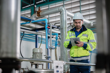 technician engineer working to maintenance a construction equipment industry, production technology...