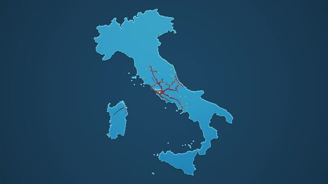 Light blue map of Italy with cities, roads and railways on a dark blue background. 4K Animation with alpha channel