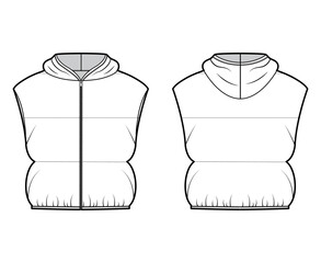 Hooded Down vest puffer waistcoat technical fashion illustration with zip-up closure, loose fit, crop length, wide quilting. Flat template front, back, white color style. Women, men, unisex top mockup © Vectoressa