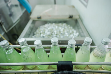 fruit juice bottle and healthy water production processing factory, fresh drink and food industry machine, manufacturing plant line working for beverage technology